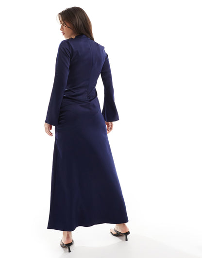 Long Sleeve Satin Drape Maxi Dress