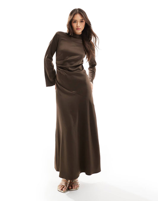 Long Sleeve Satin Drape Maxi Dress