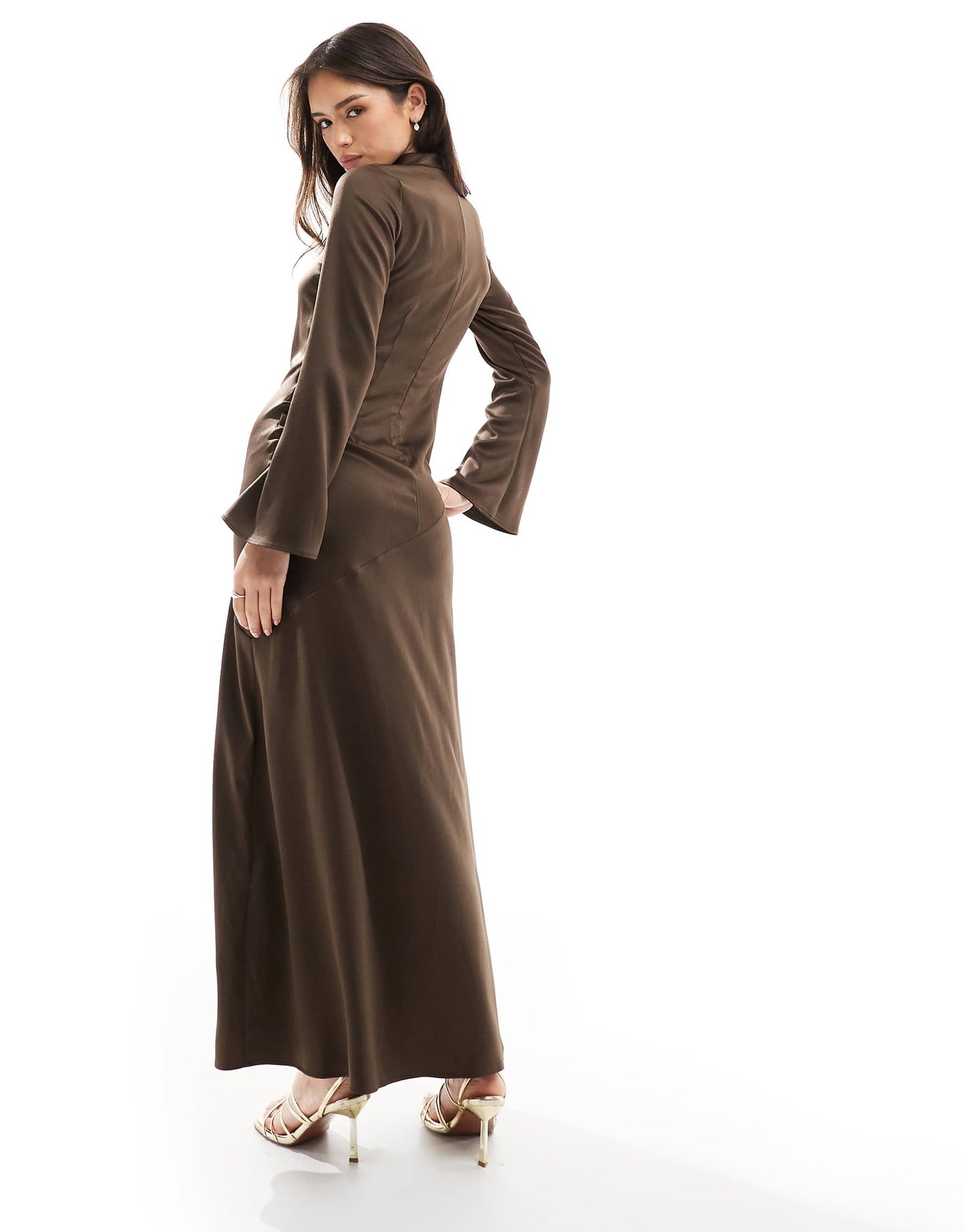 Long Sleeve Satin Drape Maxi Dress