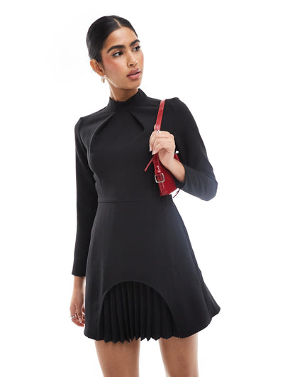 Long Sleeve Pleated Mini Dress