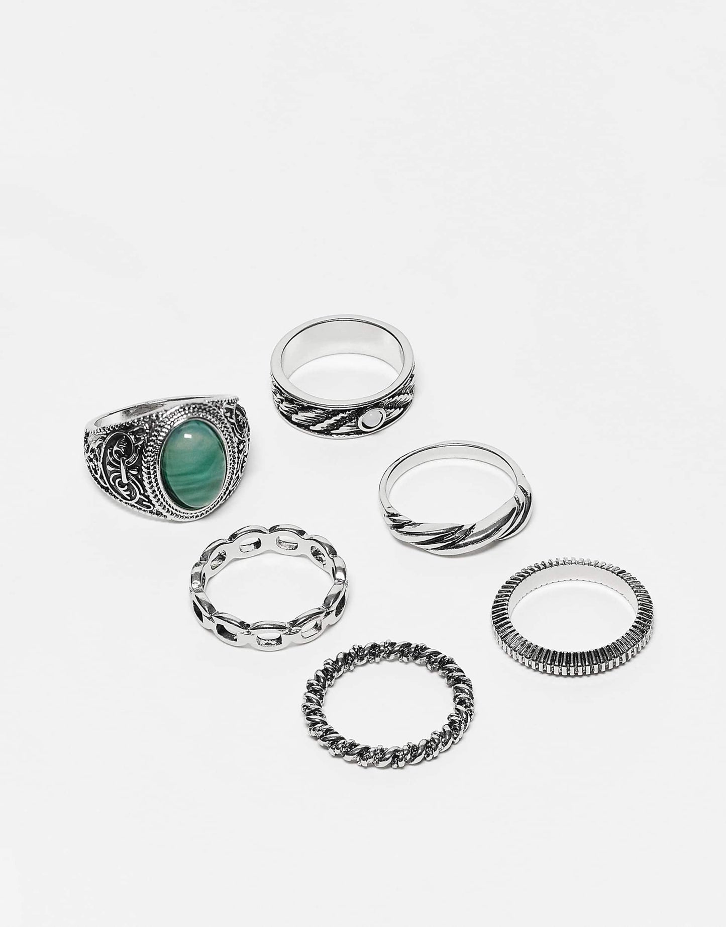 6 Pack Signet Ring Pack With Chain And Faux Jade Stone