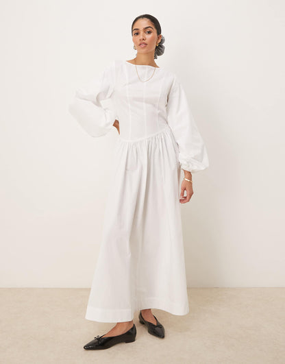 Poplin Maxi Dress With Asymmetric Waist And Volume Sleeve