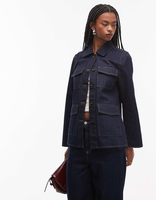 Denim Shacket With Contrast Thread Front Patch Pockets