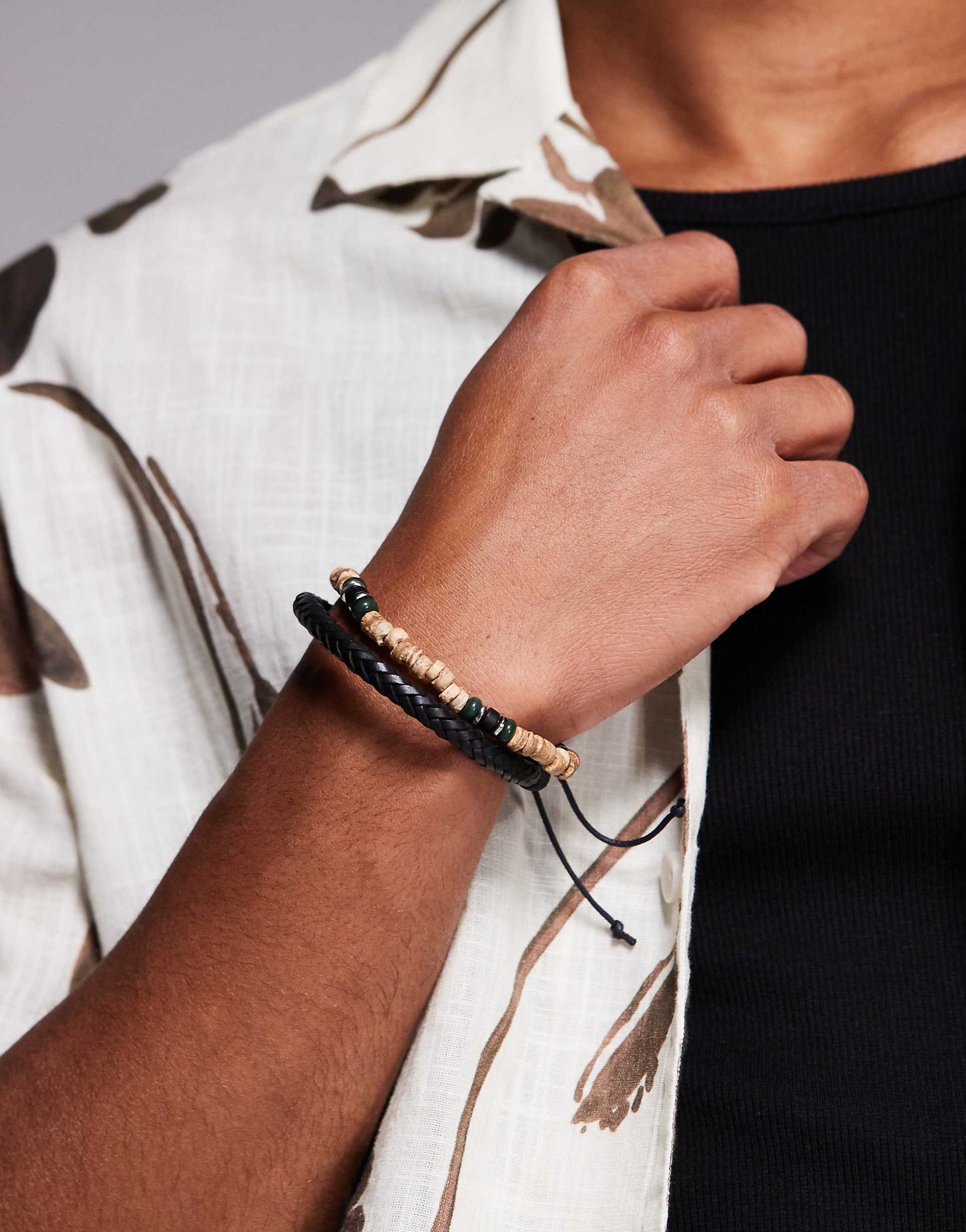 2 Pack Leather And Wood Beaded Bracelet
