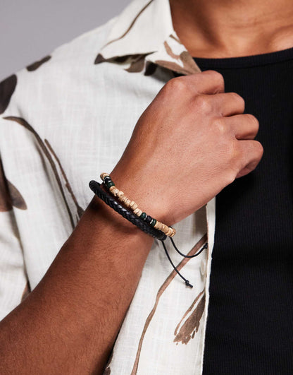 2 Pack Leather And Wood Beaded Bracelet
