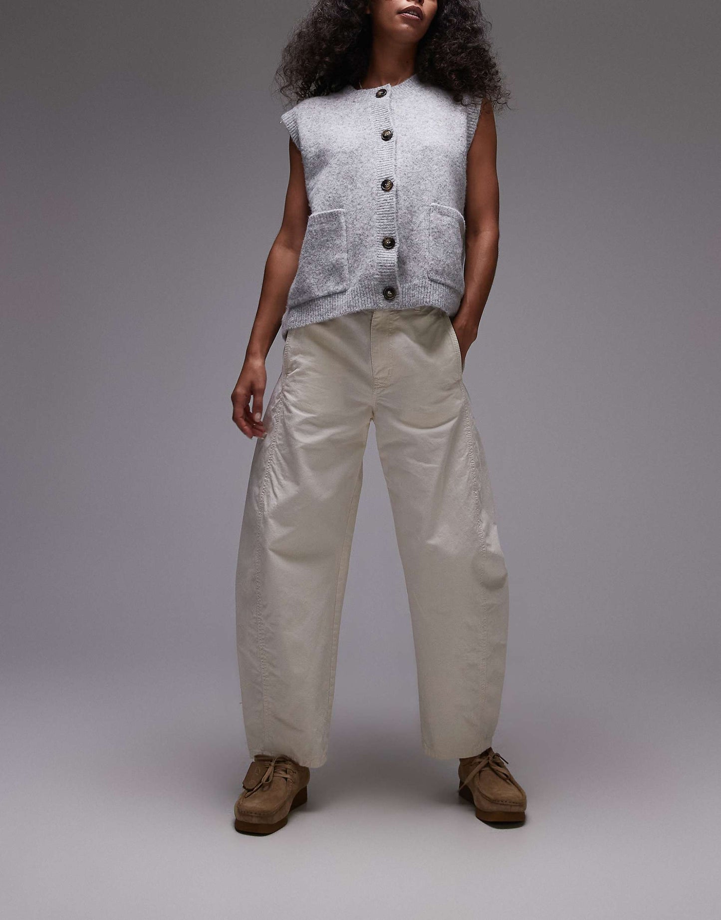 Linen Blend Barrel Leg Trousers With Panels