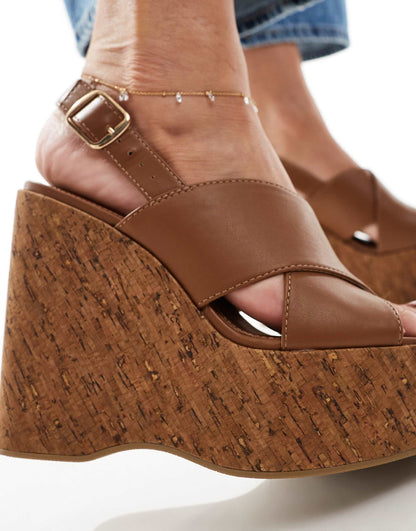 Valentina Cross Strap Cork Wedge Heeled Sandals