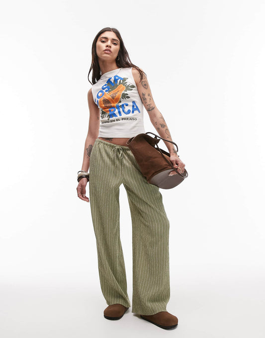 Crinkle Stripe Tie Waist Low Rise Wide Leg Trouser