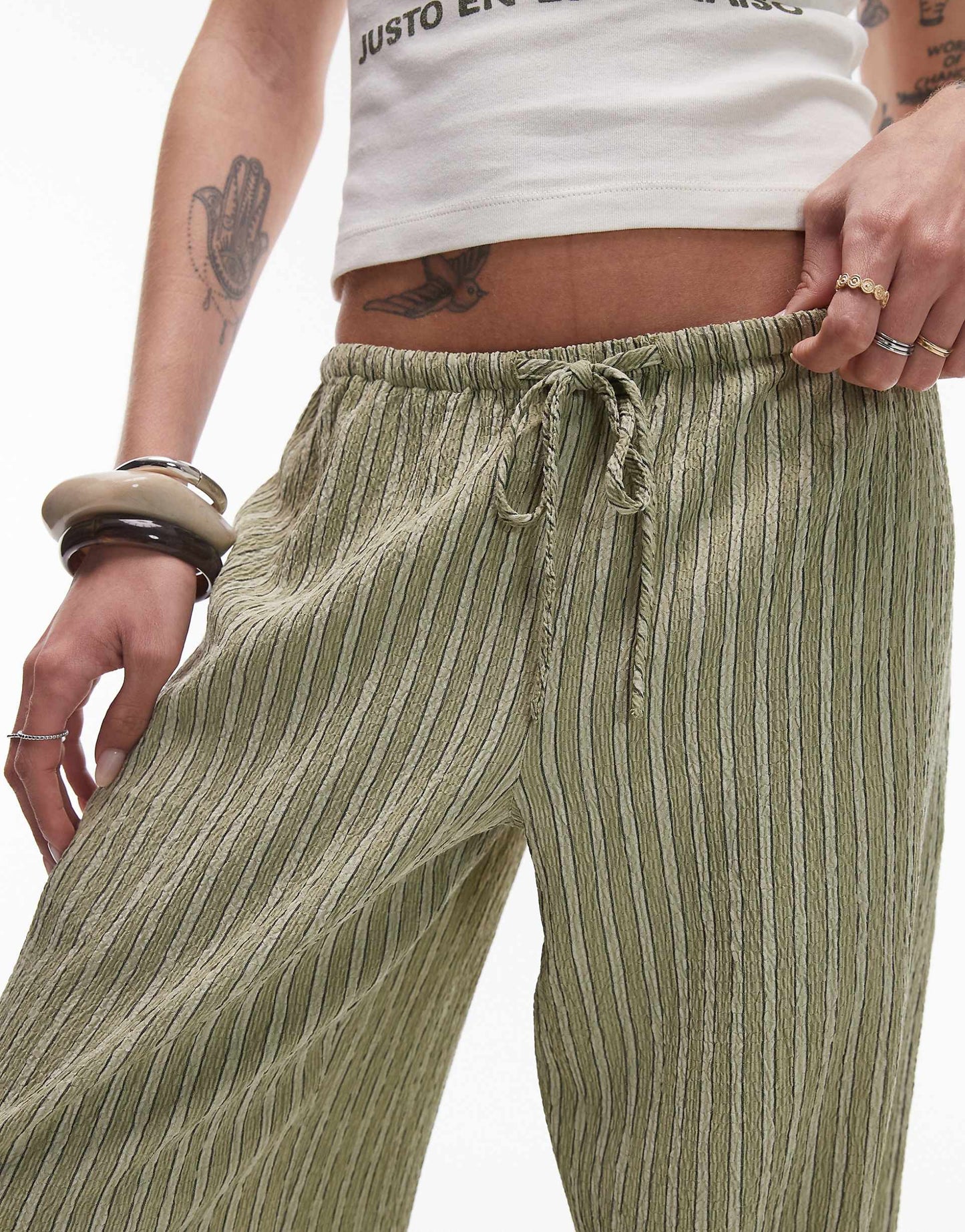 Crinkle Stripe Tie Waist Low Rise Wide Leg Trouser