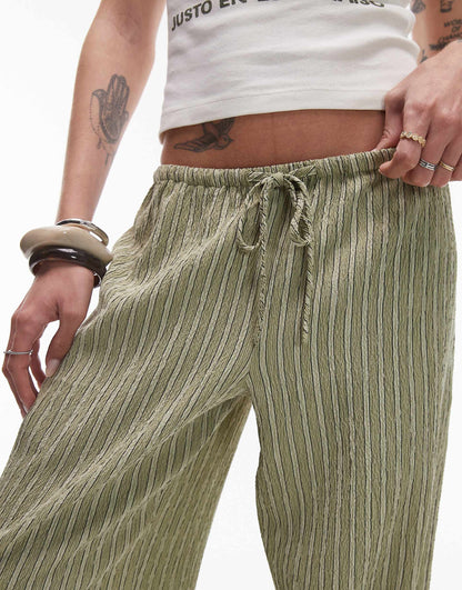 Crinkle Stripe Tie Waist Low Rise Wide Leg Trouser