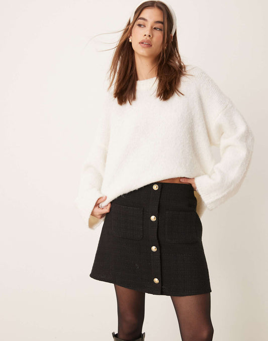 Button Front Boucle Mini Skirt