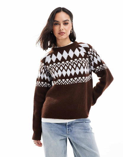 Oversized Crew Neck Fluffy Jumper With Fairisle Pattern