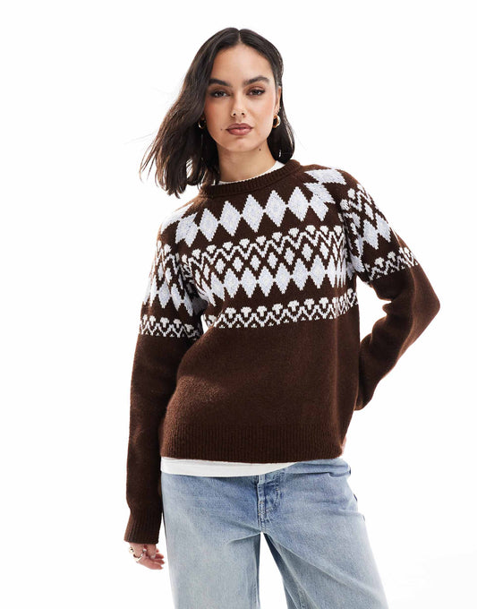 Oversized Crew Neck Fluffy Jumper With Fairisle Pattern