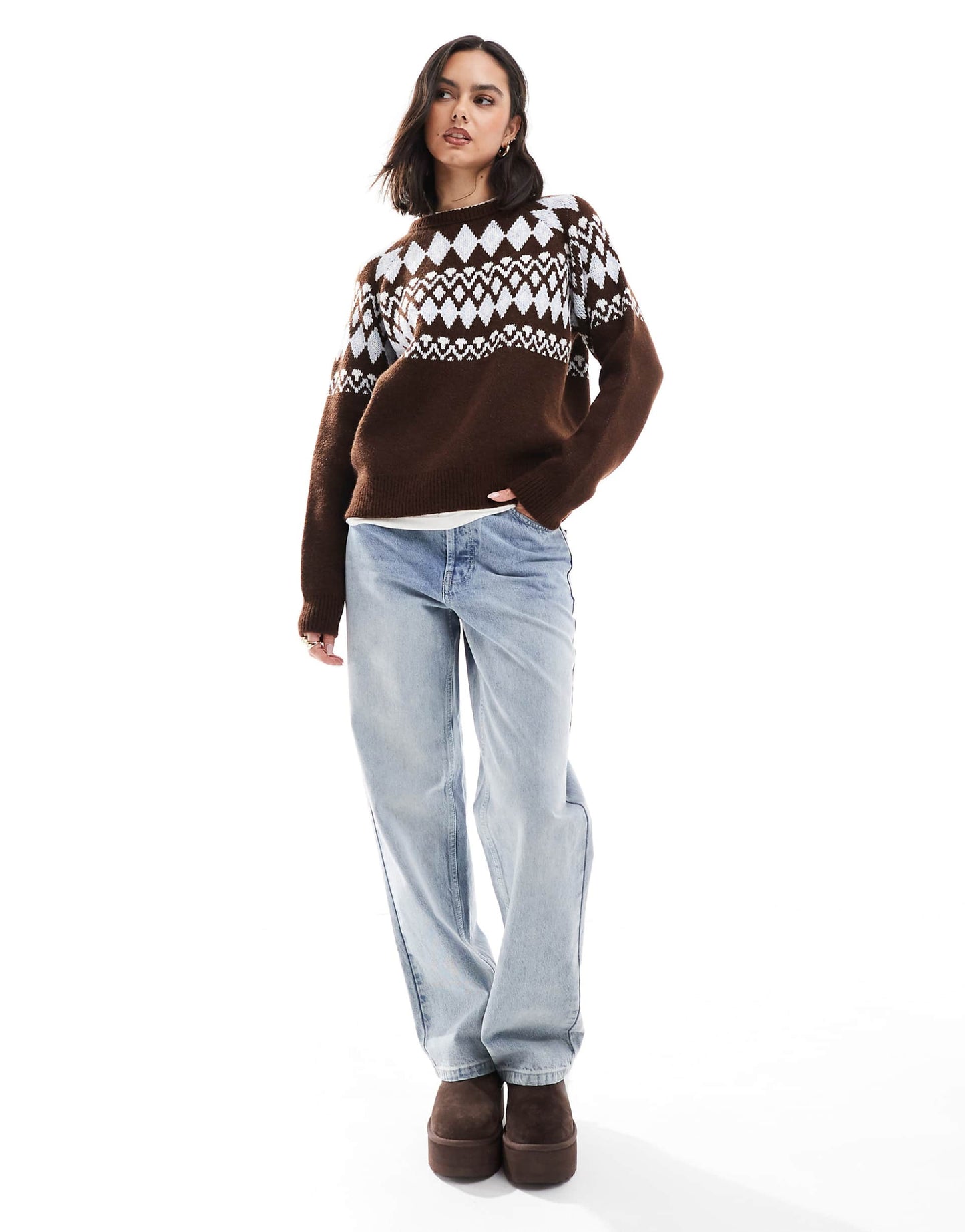 Oversized Crew Neck Fluffy Jumper With Fairisle Pattern
