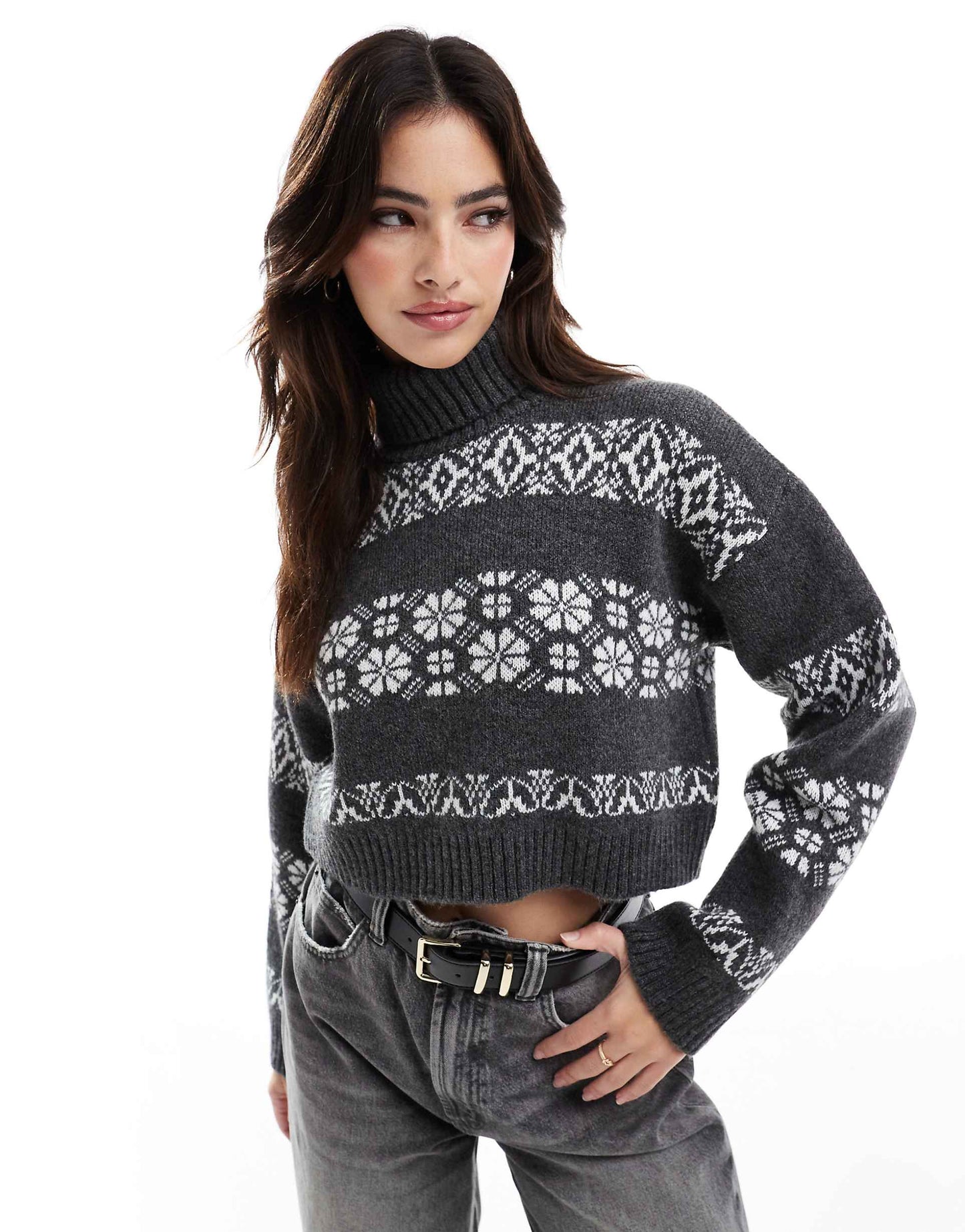 Cropped Roll Neck Jumper With Fairisle Stripe