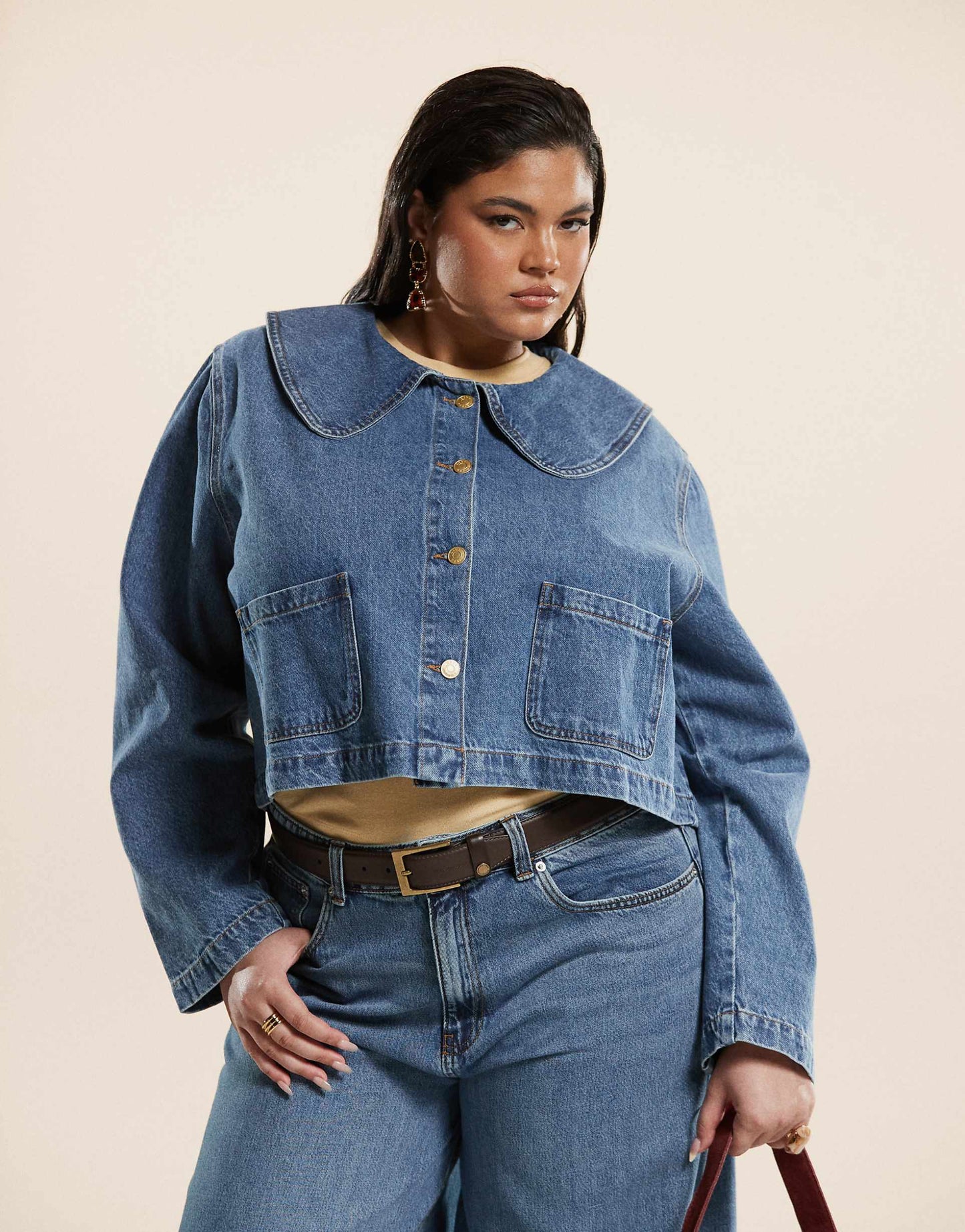 Curve Denim Jacket With Round Collar