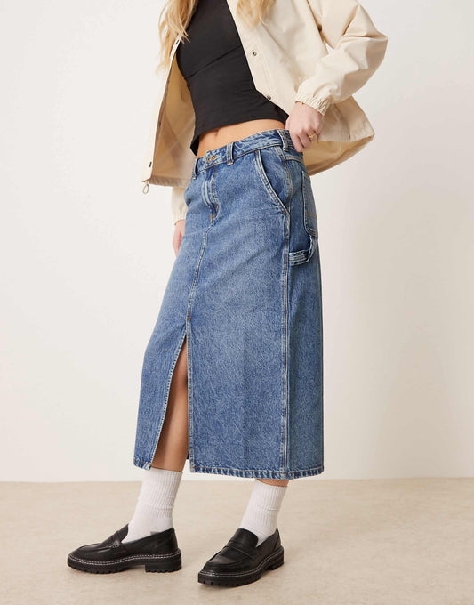 Long Denim Skirt With Front Slit