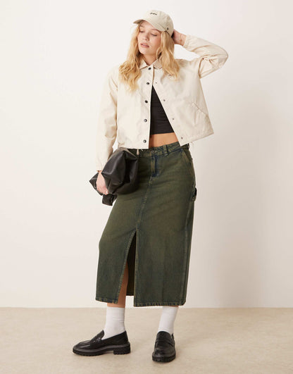 Long Denim Carpenter Skirt With Front Slit