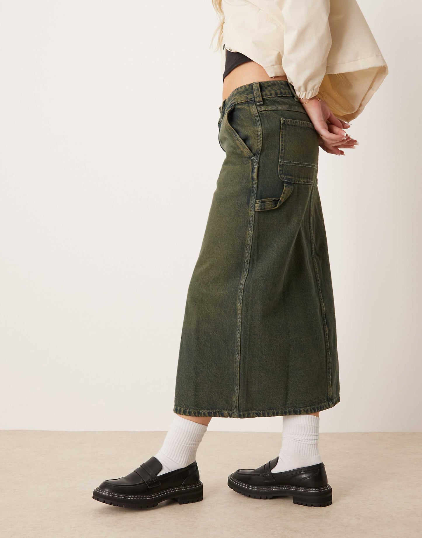 Long Denim Carpenter Skirt With Front Slit