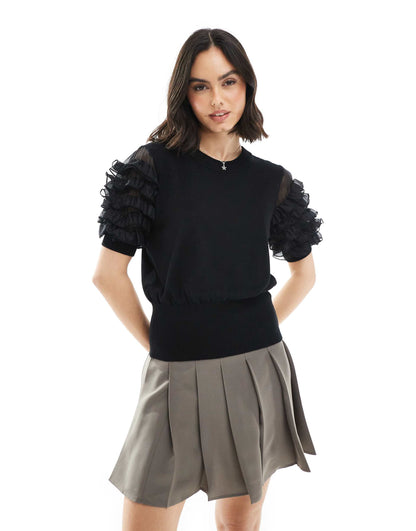 Kristine Knit Top With Organza Sleeves