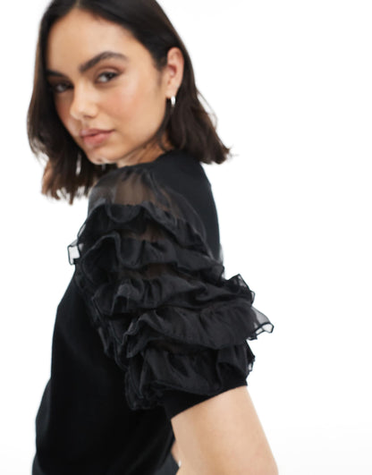 Kristine Knit Top With Organza Sleeves