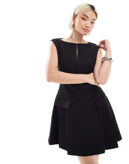 Azra Twill Drop Waist Pleated Mini Dress