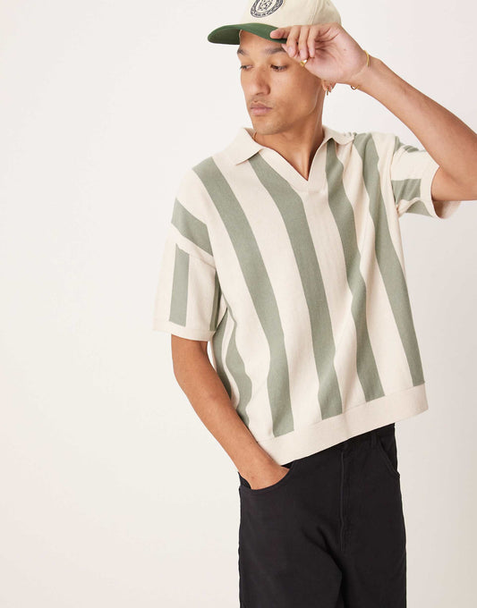 Relaxed Boxy Fit Knitted Textured Notch Neck Polo