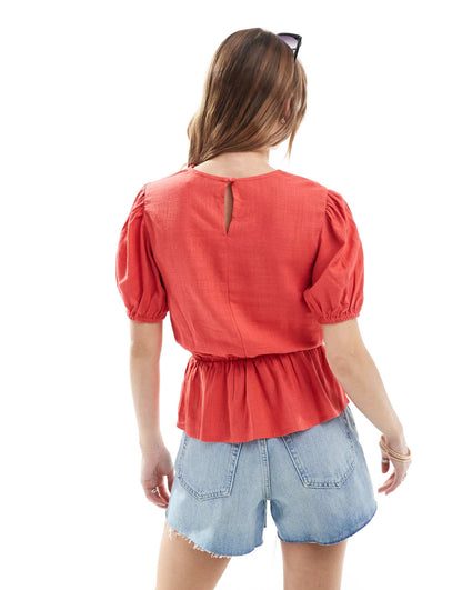 Linen Blend Peplum Top With Puff Sleeve