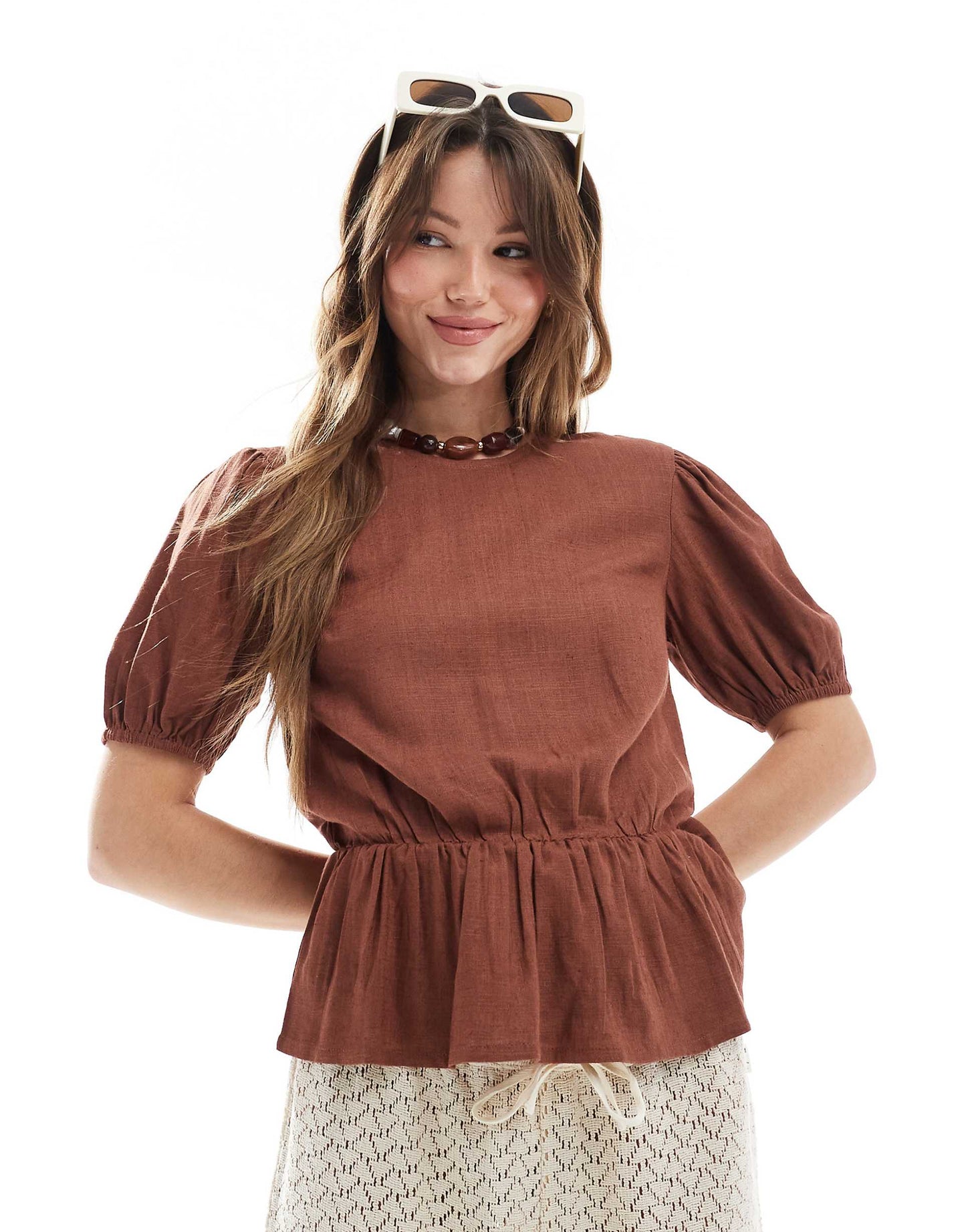 Linen Blend Peplum Top With Puff Sleeve