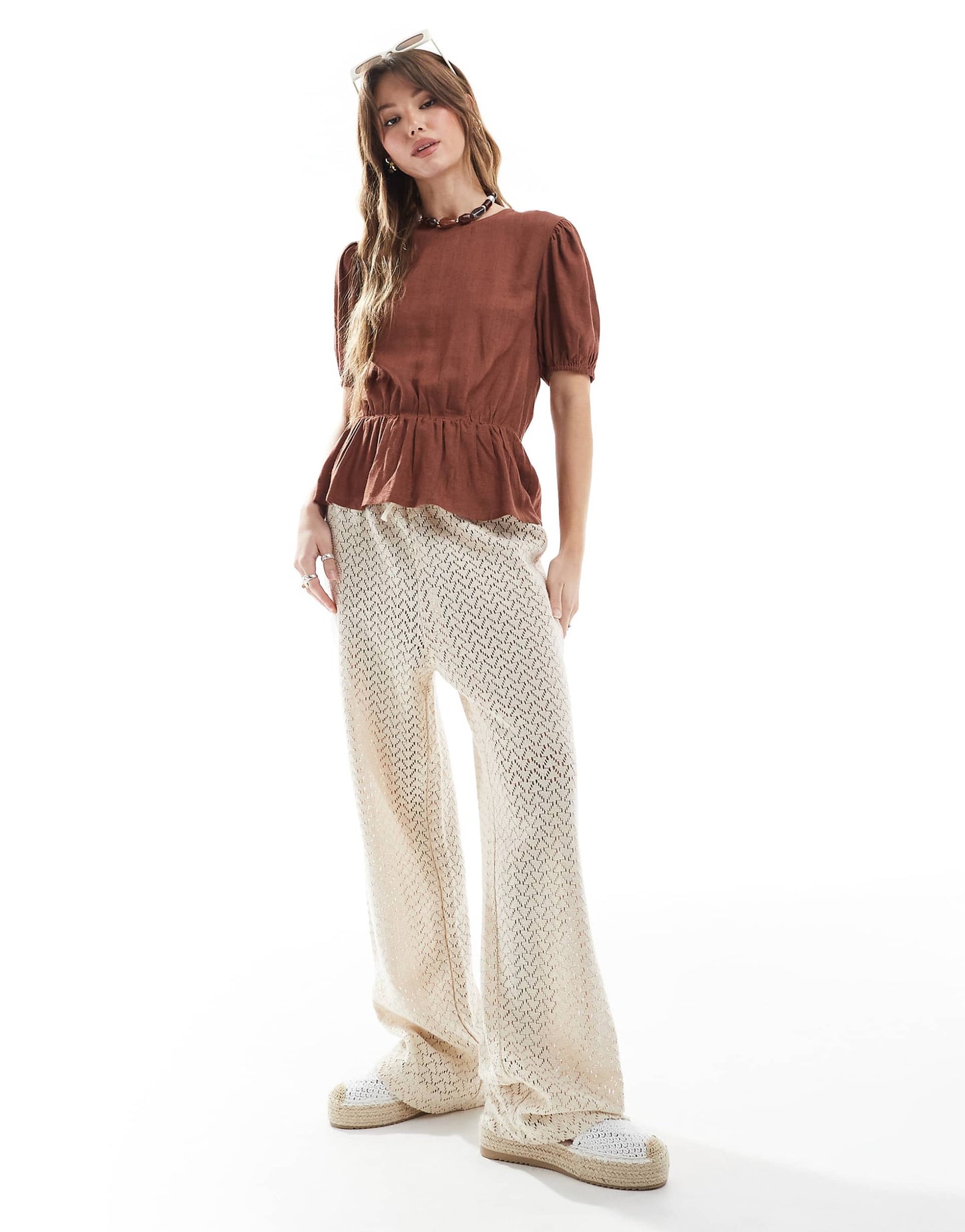 Linen Blend Peplum Top With Puff Sleeve