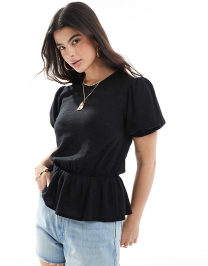 Linen Blend Peplum Top With Puff Sleeve