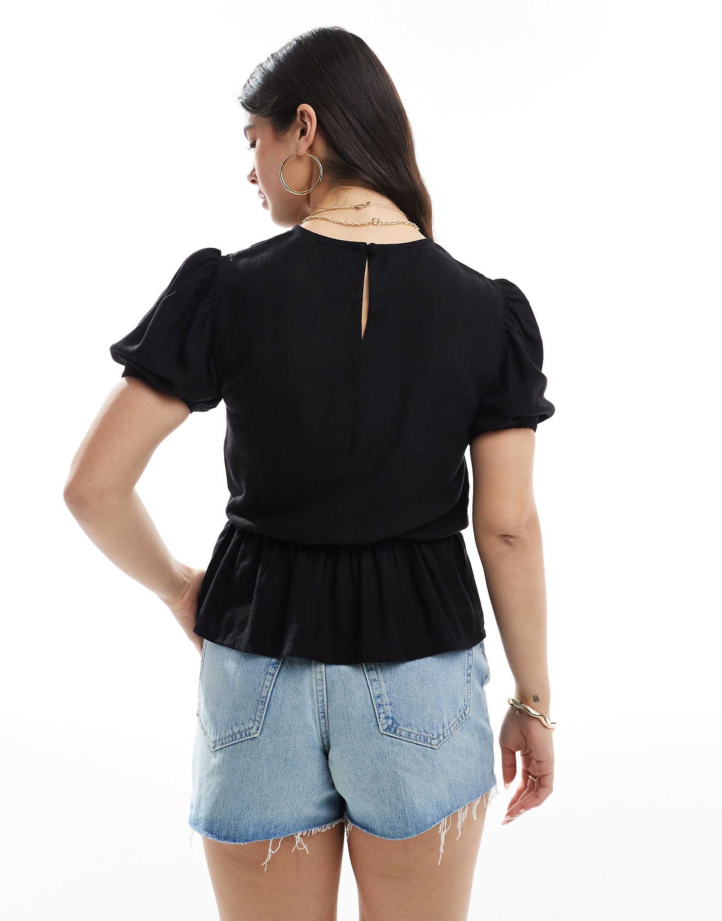 Linen Blend Peplum Top With Puff Sleeve