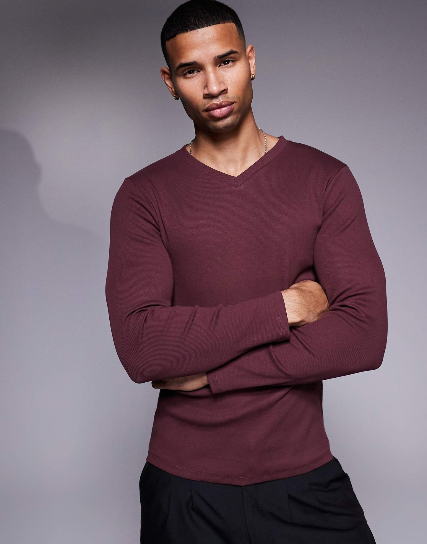 Long Sleeve Muscle Fit Rib T-Shirt With V Neck