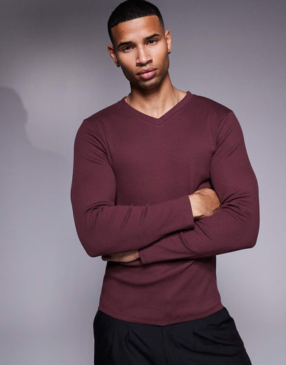 Long Sleeve Muscle Fit Rib T-Shirt With V Neck