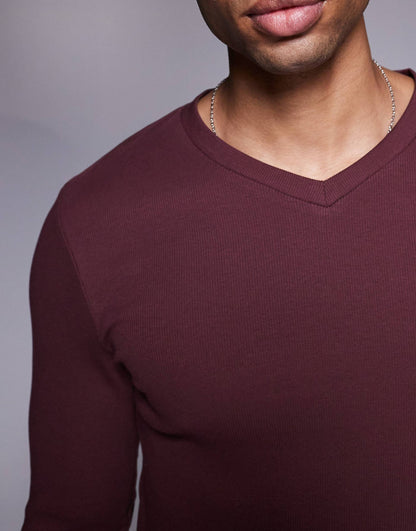 Long Sleeve Muscle Fit Rib T-Shirt With V Neck