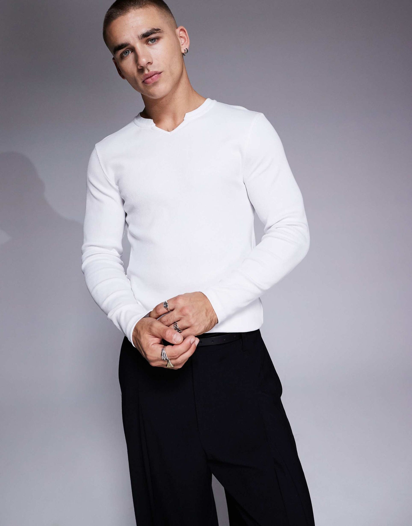 Muscle Fit Long Sleeve Rib T-Shirt With Notch Neck