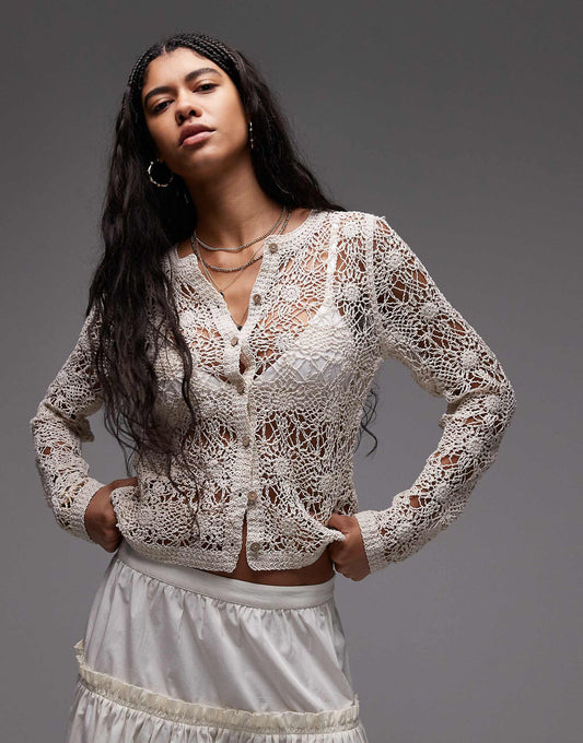 Knitted Stitchy Crew Neck Flower Crochet Cardigan