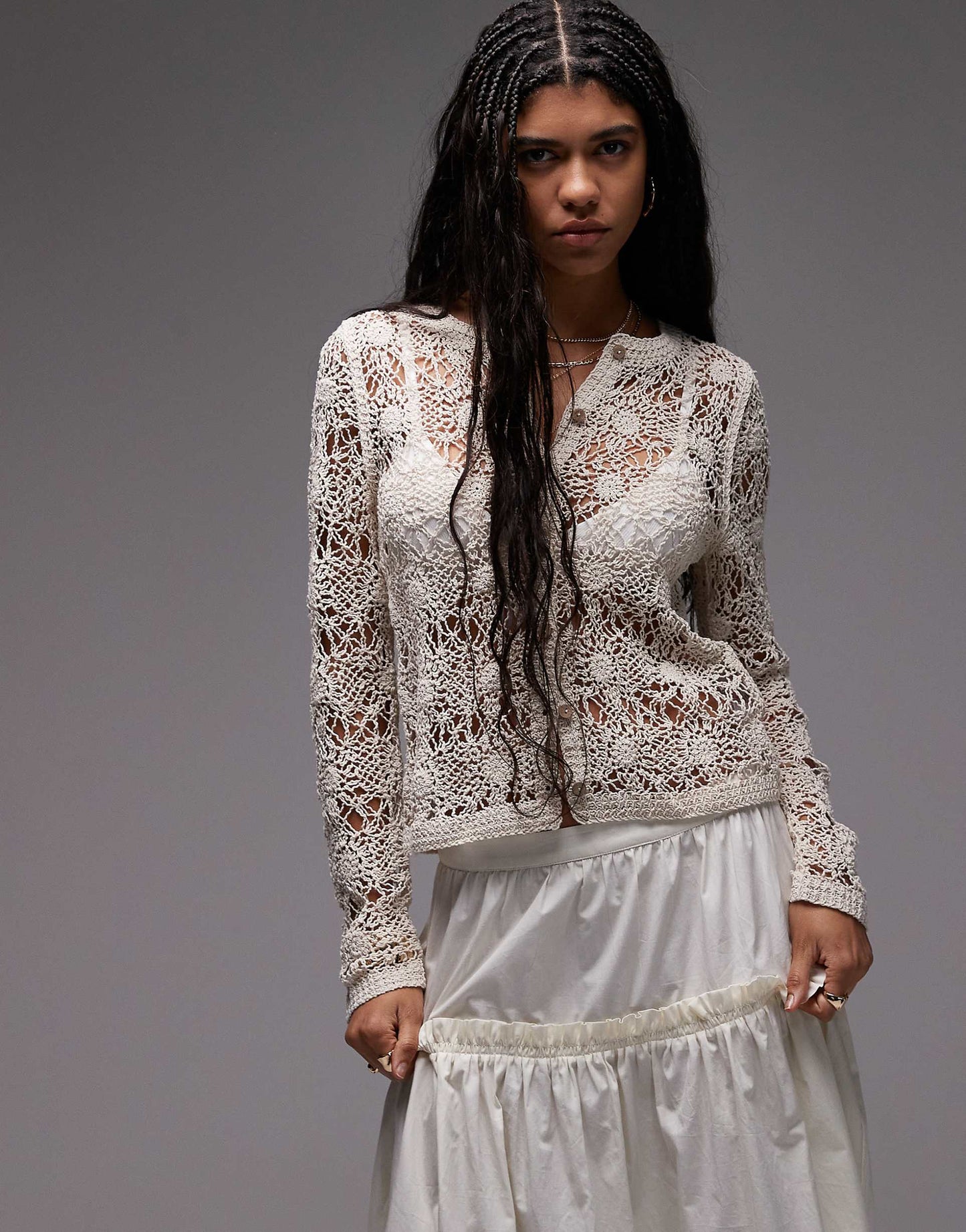 Knitted Stitchy Crew Neck Flower Crochet Cardigan