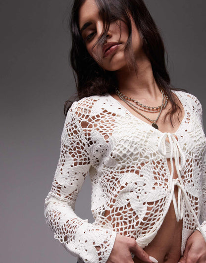 Knitted Crochet Flower Tie Cardigan