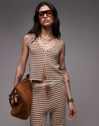 Knitted Check Pattern Waistcoat Co-Ord
