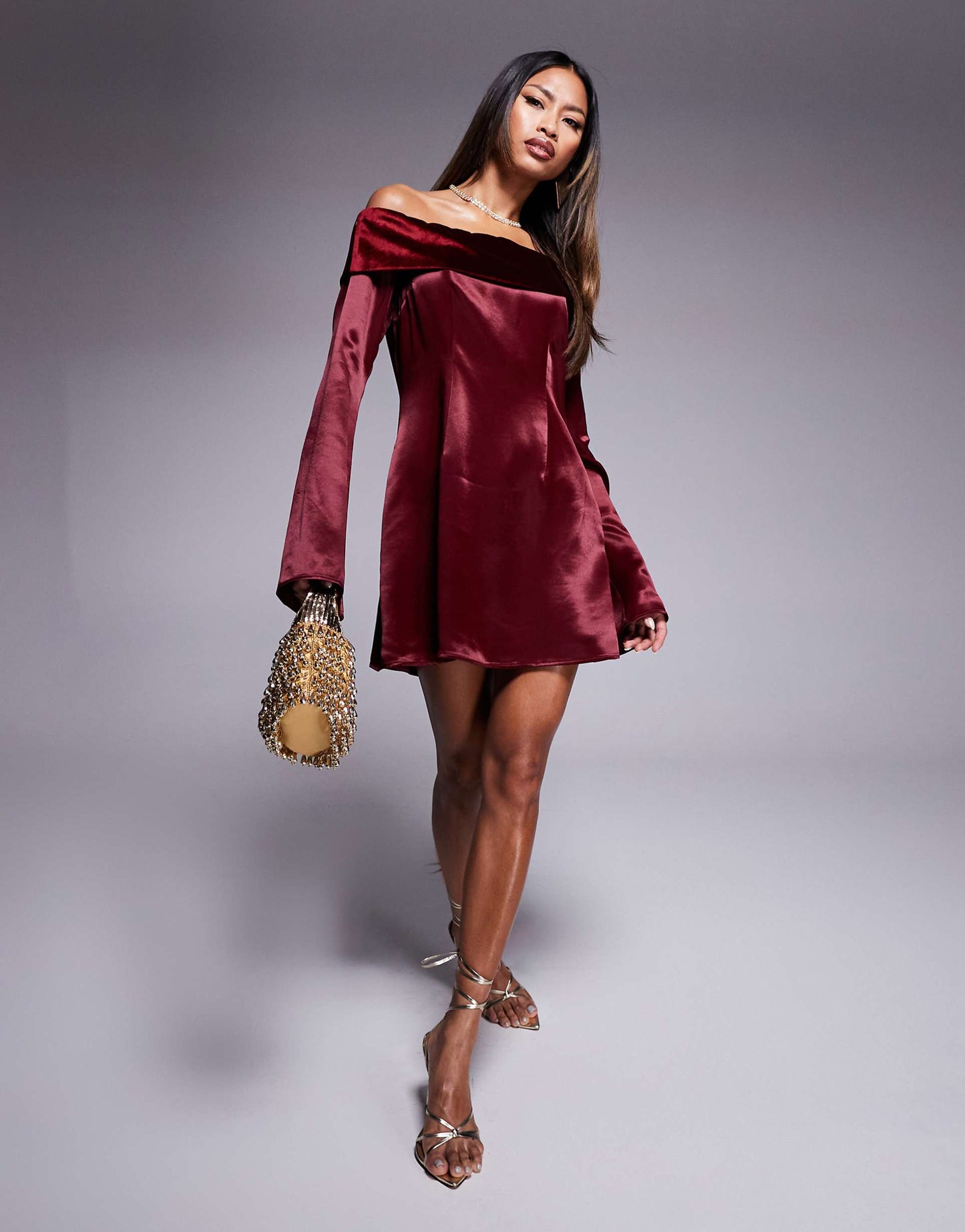 Velvet Fold Over Mini Dress With Angel Sleeve