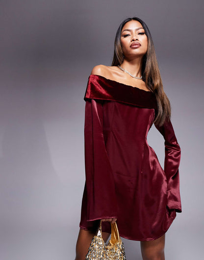 Velvet Fold Over Mini Dress With Angel Sleeve