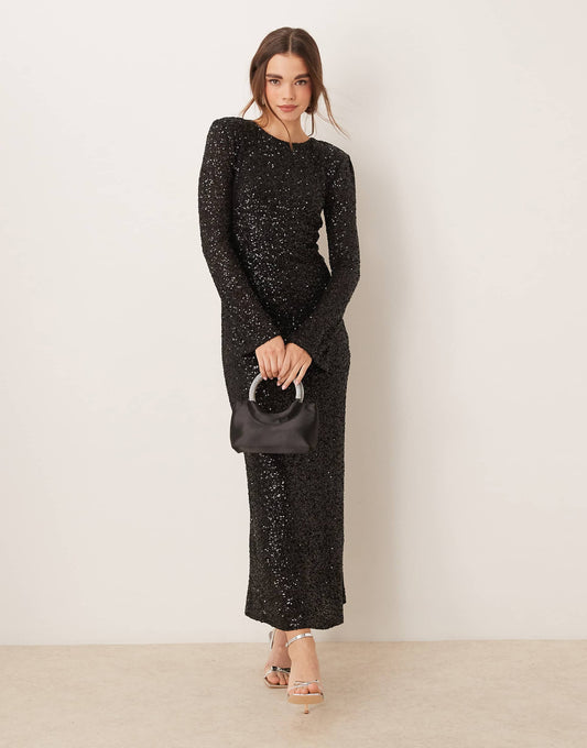 Fluted Sleeve Sequin Maxi Dress With Open Back