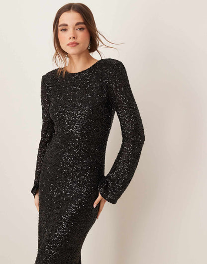 Fluted Sleeve Sequin Maxi Dress With Open Back