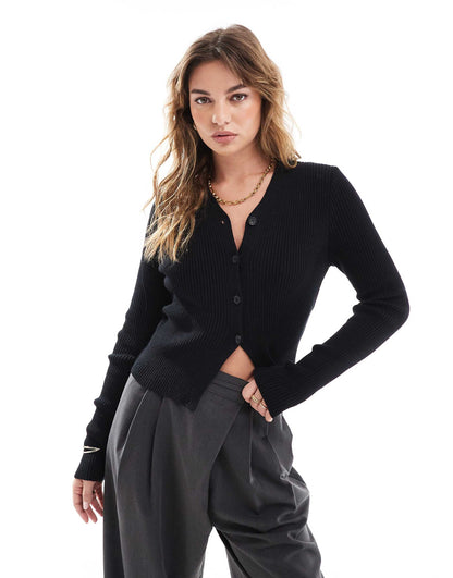 Knitted V Neck Rib Cardigan