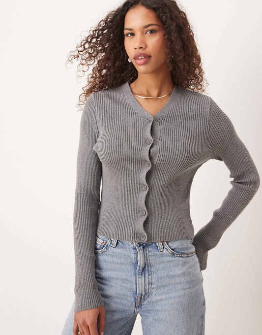 Knitted V Neck Rib Cardigan