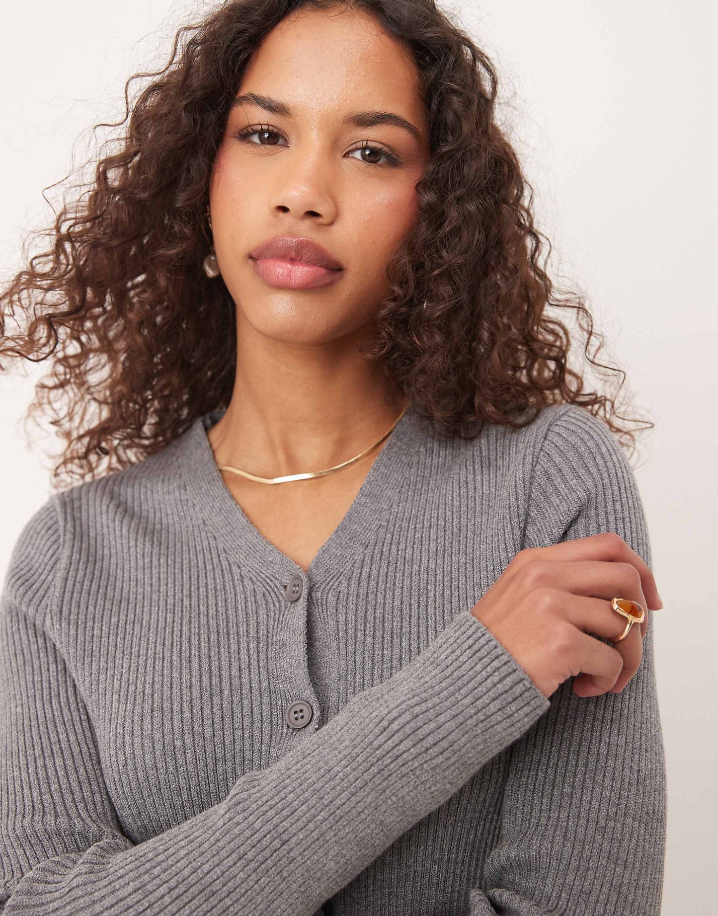 Knitted V Neck Rib Cardigan