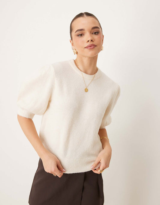 Knitted Sweater With Puff Short Sleeves