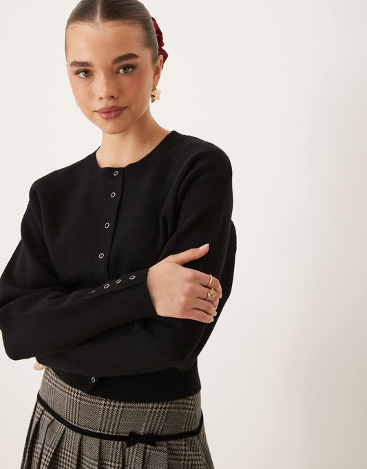 Knitted Cardigan With Deep Rib Fitted Waist And Button Cuff Detail