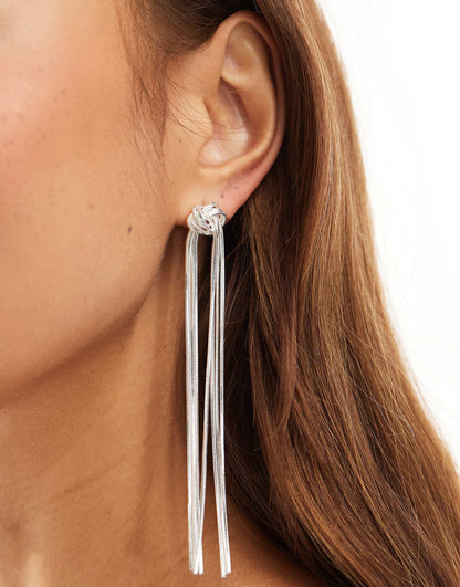 Silver Plated  Drop Earrings With Knot Tassel Detail